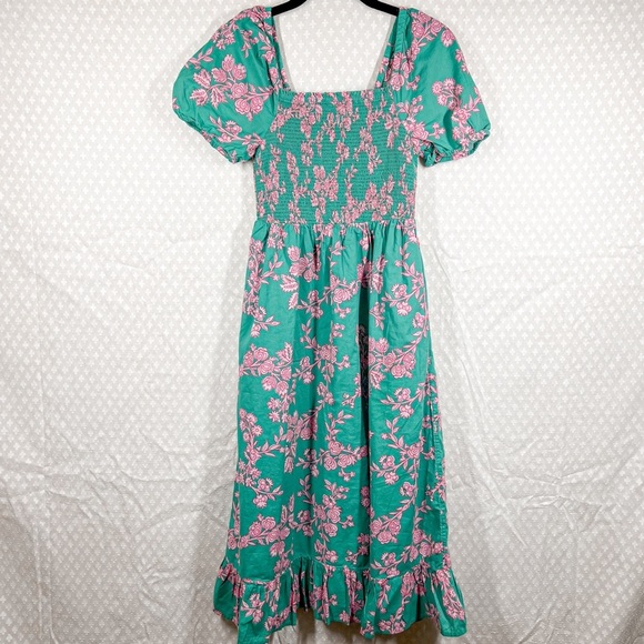 J. Crew Green Pink Floral Smocked Puff Sleeve Midi Dress - Picture 2 of 6
